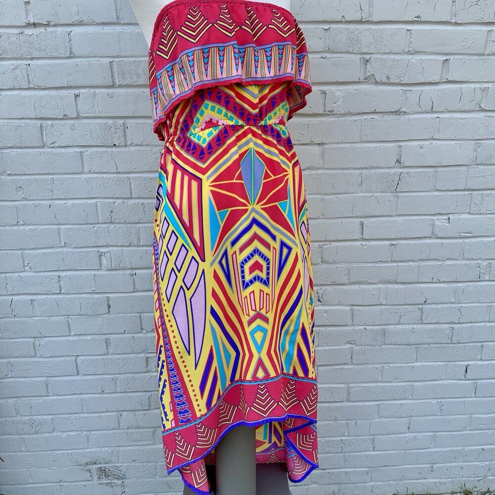 Flying Tomato Strapless Hi-Low Dress Boho Geometric Tribal Print Ruffle Large